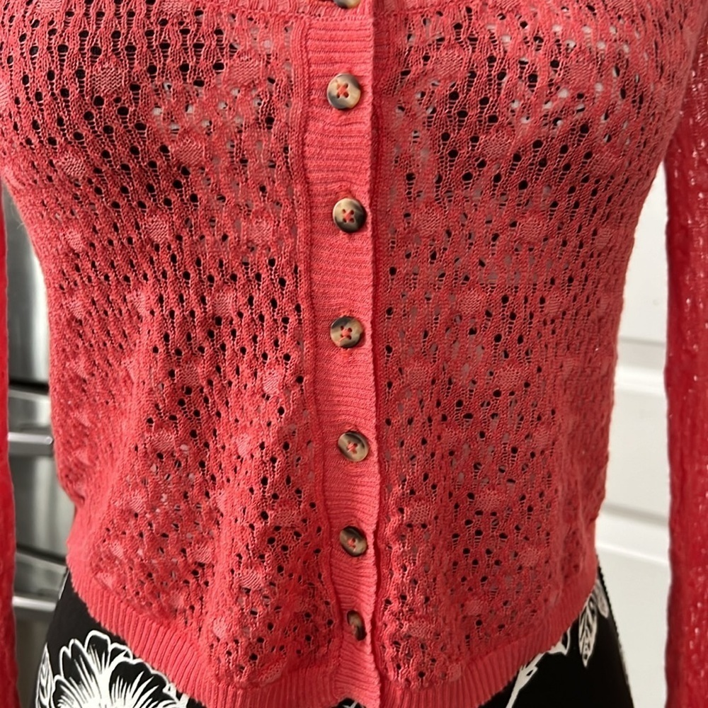 Free People Coral Red Openwork Knit Button-Front Cardigan - Picture 3 of 9